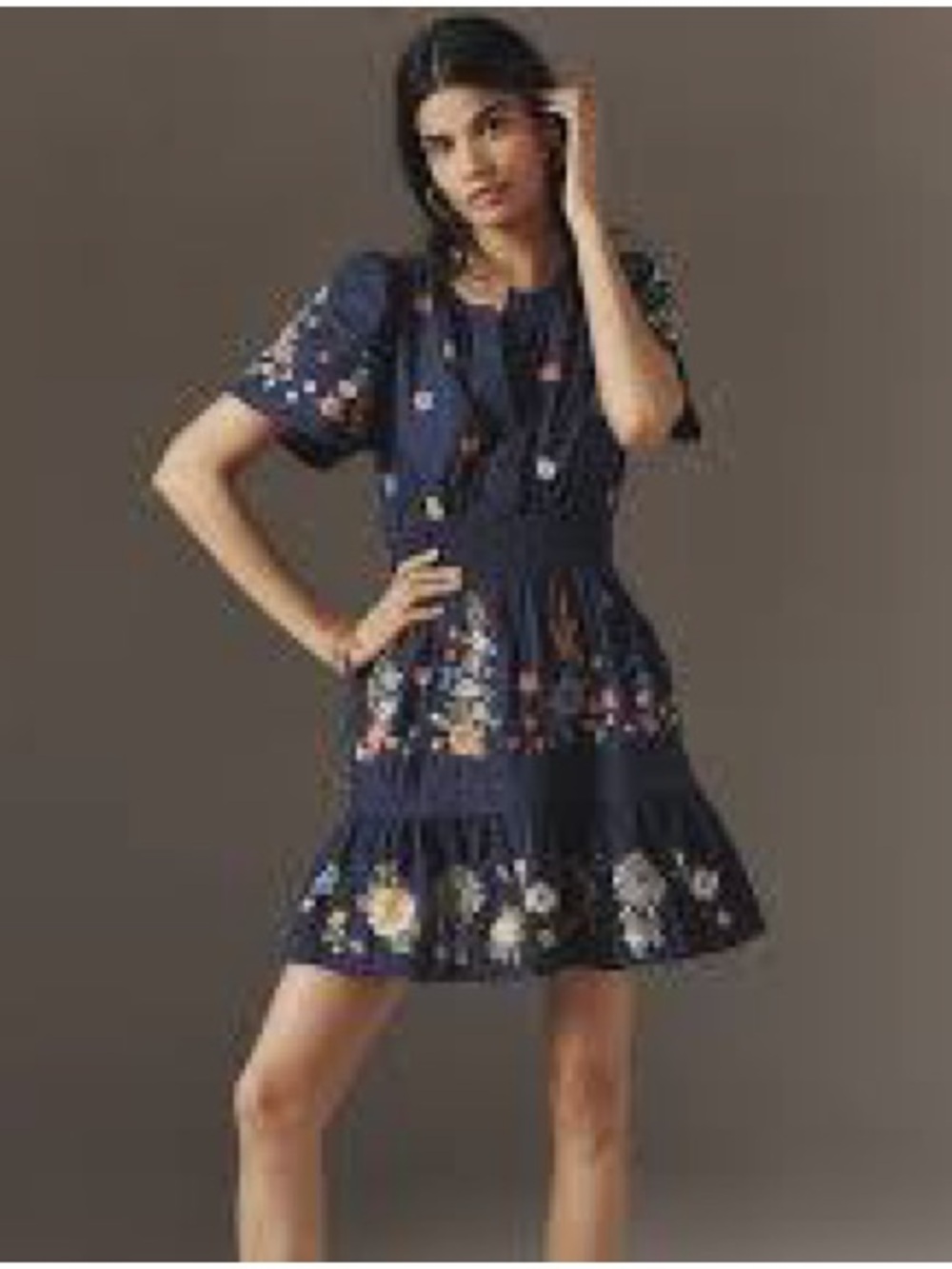 Anthropologie Navy Hand Embroidered Floral Short Dress